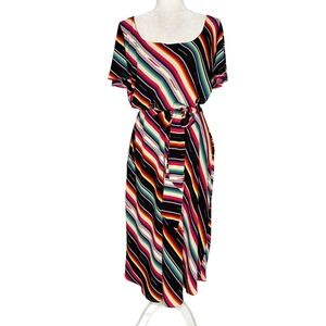 LRL Ralph Lauren Black Label Striped Midi Dress 14W Belted Chiffon Lined